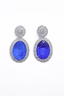 White Finish Blue Synthetic Stone Enameled Dangler Earrings