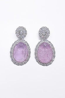 White Finish Lavender Synthetic Stone Enameled Dangler Earrings