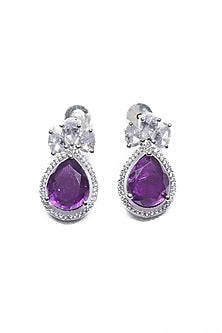 White Finish Purple Synthetic Stone Enameled Dangler Earrings