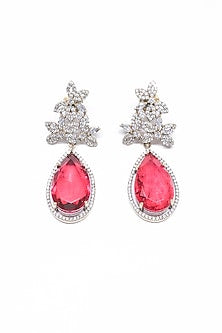 White Finish Red Synthetic Stone Enameled Dangler Earrings