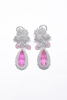 White Finish Pink Synthetic Stone Enameled Dangler Earrings