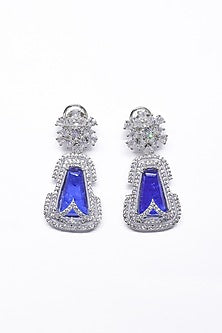 White Finish Blue Synthetic Stone Enameled Dangler Earrings