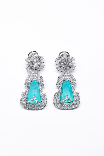 White Finish Blue Synthetic Stone Enameled Dangler Earrings