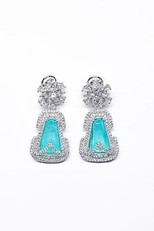 White Finish Blue Synthetic Stone Enameled Dangler Earrings