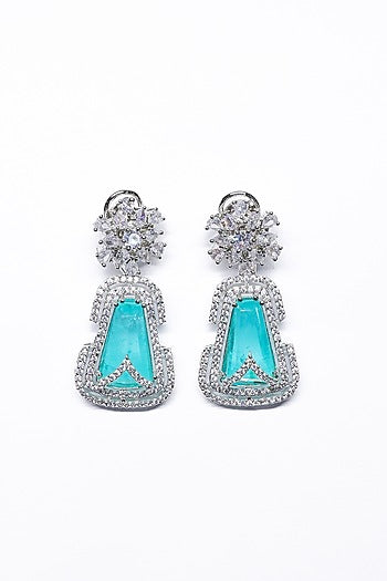 White Finish Blue Synthetic Stone Enameled Dangler Earrings