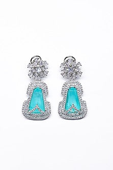 White Finish Blue Synthetic Stone Enameled Dangler Earrings