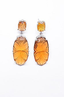 White Finish Orange Synthetic Stone Enameled Dangler Earrings