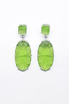 White Finish Green Synthetic Stone Enameled Dangler Earrings