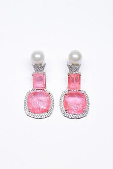 White Finish Pink Synthetic Stone Enameled Dangler Earrings