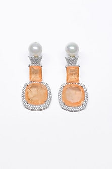 White Finish Orange Synthetic Stone Enameled Dangler Earrings