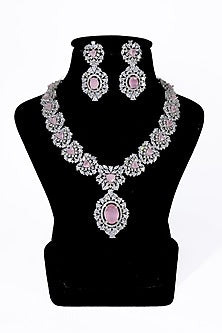 White Finish Pink Synthetic Stone Enameled Necklace Set