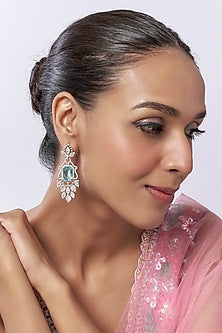 White Finish Faux Diamond & Aquamarine Stone Dangler Earrings