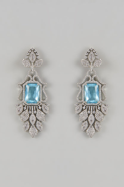White Finish Faux Diamond & Aquamarine Stone Dangler Earrings