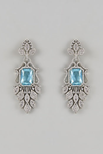 White Finish Faux Diamond & Aquamarine Stone Dangler Earrings