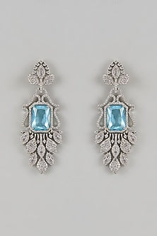 White Finish Faux Diamond & Aquamarine Stone Dangler Earrings