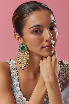 Two-Tone Finish Emerald Stone & Pearl Dangler Earrings