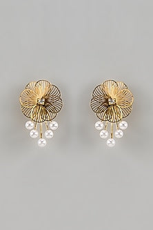 Gold Finish Pearl S-Shaped Floral Dangler Earrings