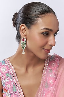 White Finish Pearl & Green Stone Fish-Shaped Dangler Earrings