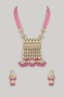 Gold Finish Pearl & Pink Beaded Necklace Set