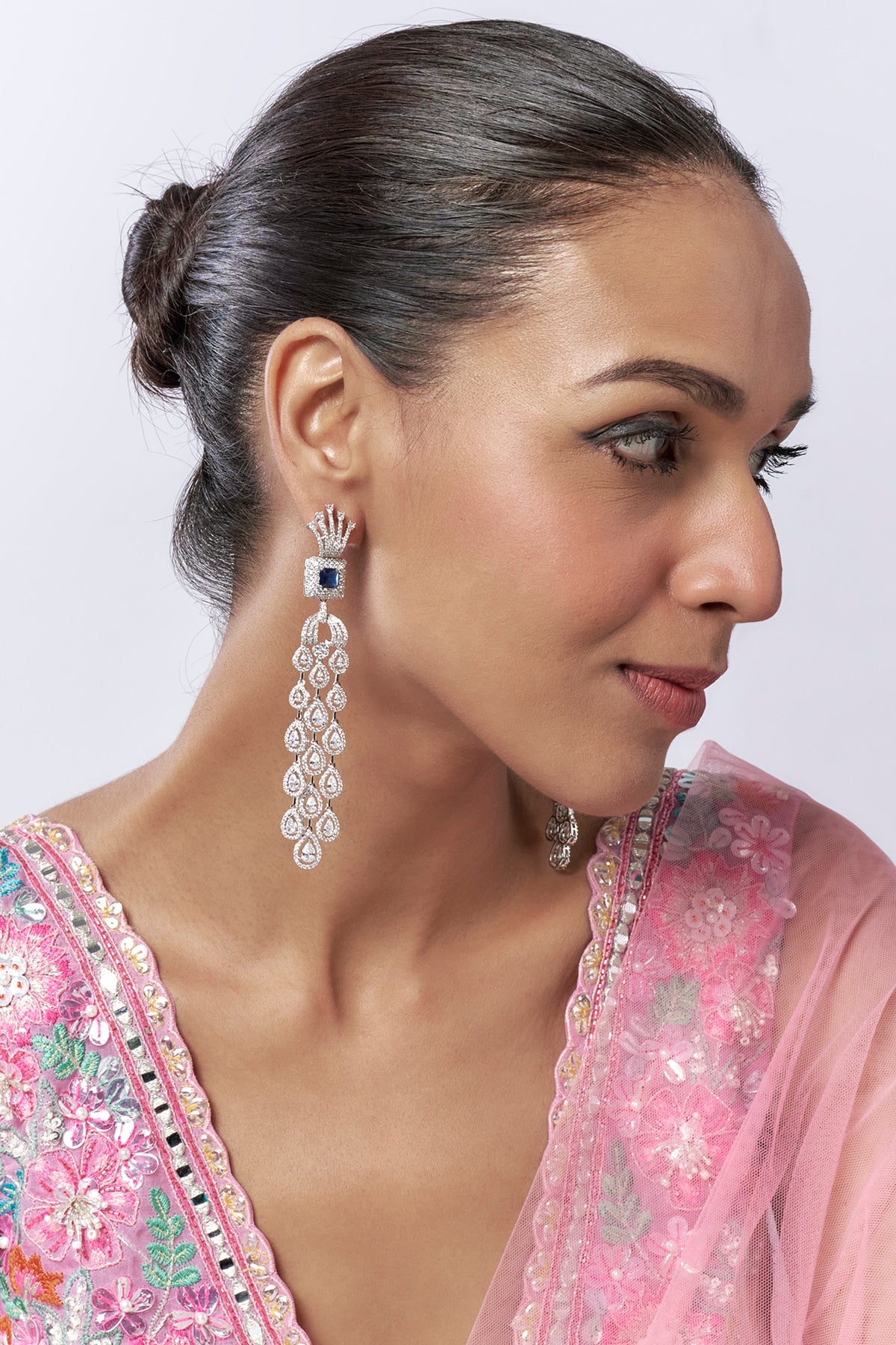White Finish Faux Diamond & Sapphire Drop Dangler Earrings