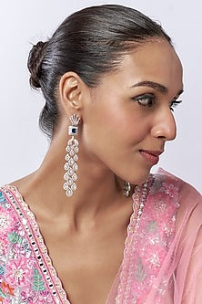 White Finish Faux Diamond & Sapphire Drop Dangler Earrings