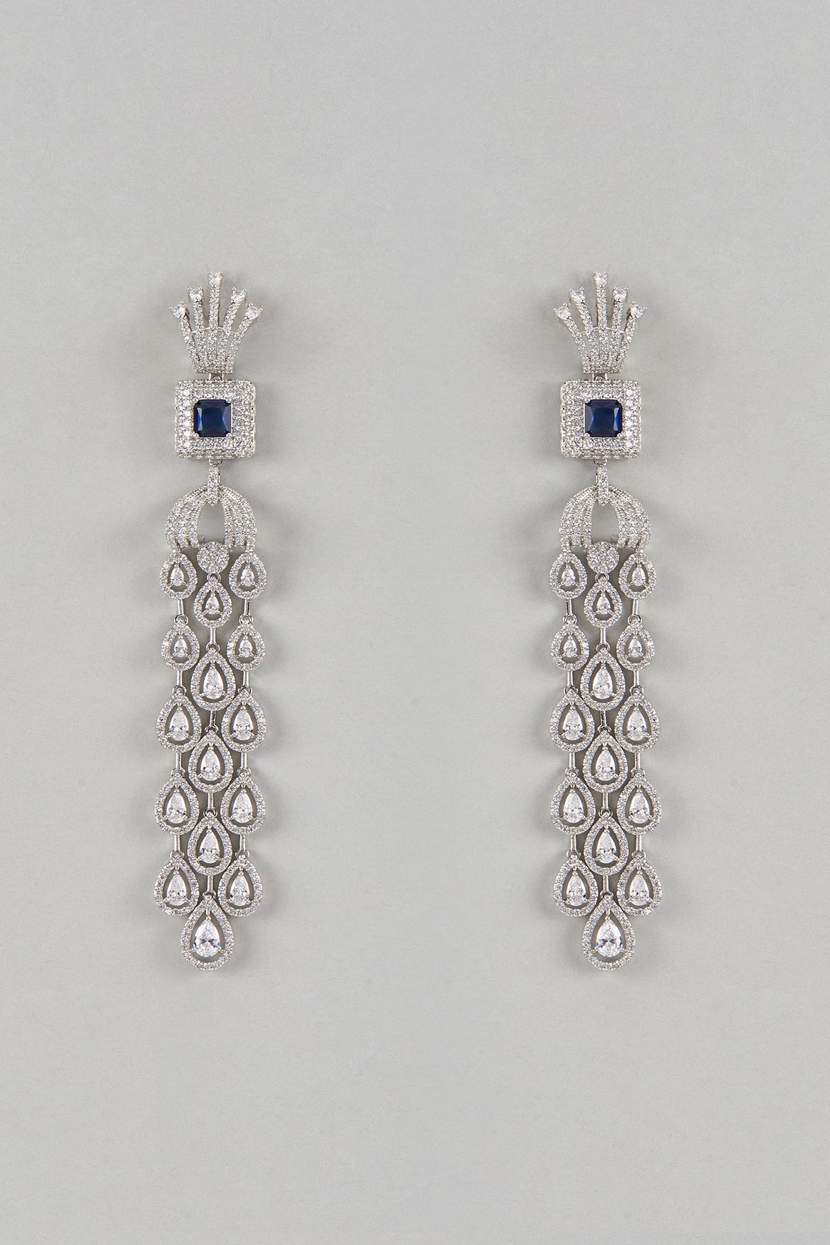 White Finish Faux Diamond & Sapphire Drop Dangler Earrings