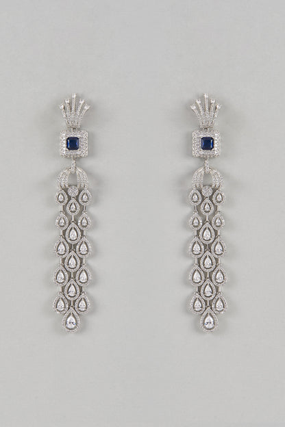White Finish Faux Diamond & Sapphire Drop Dangler Earrings