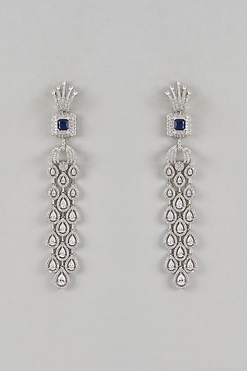 White Finish Faux Diamond & Sapphire Drop Dangler Earrings
