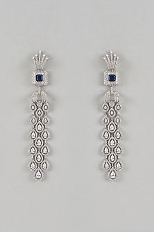 White Finish Faux Diamond & Sapphire Drop Dangler Earrings