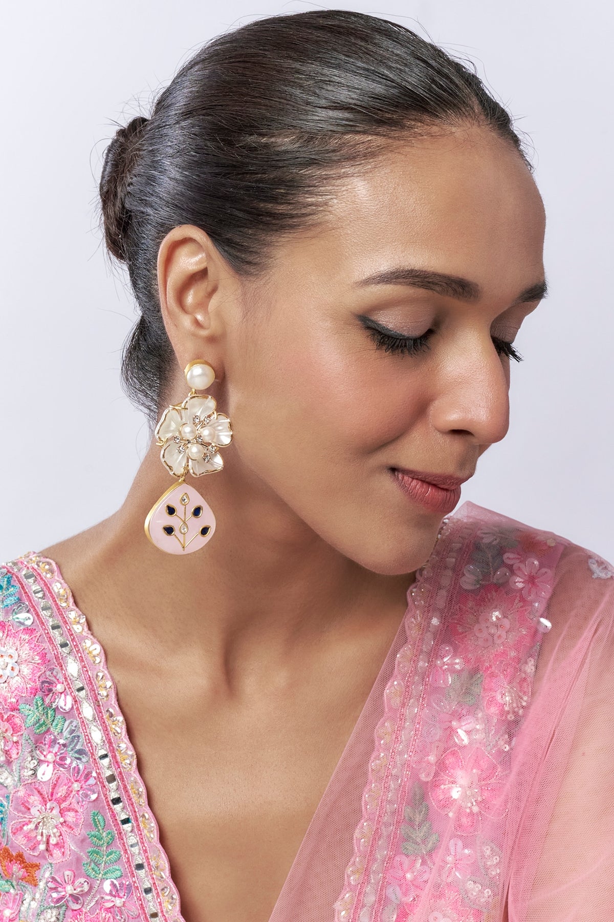 White Finish Pearl Floral Dangler Earrings