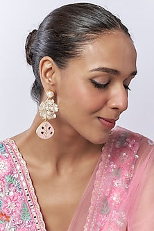 White Finish Pearl Floral Dangler Earrings