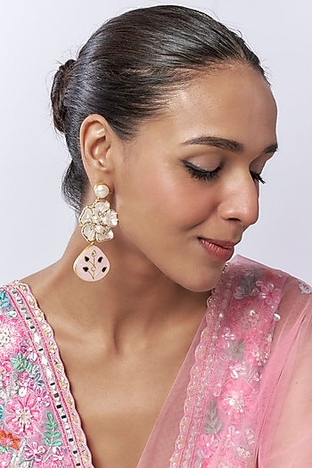 White Finish Pearl Floral Dangler Earrings
