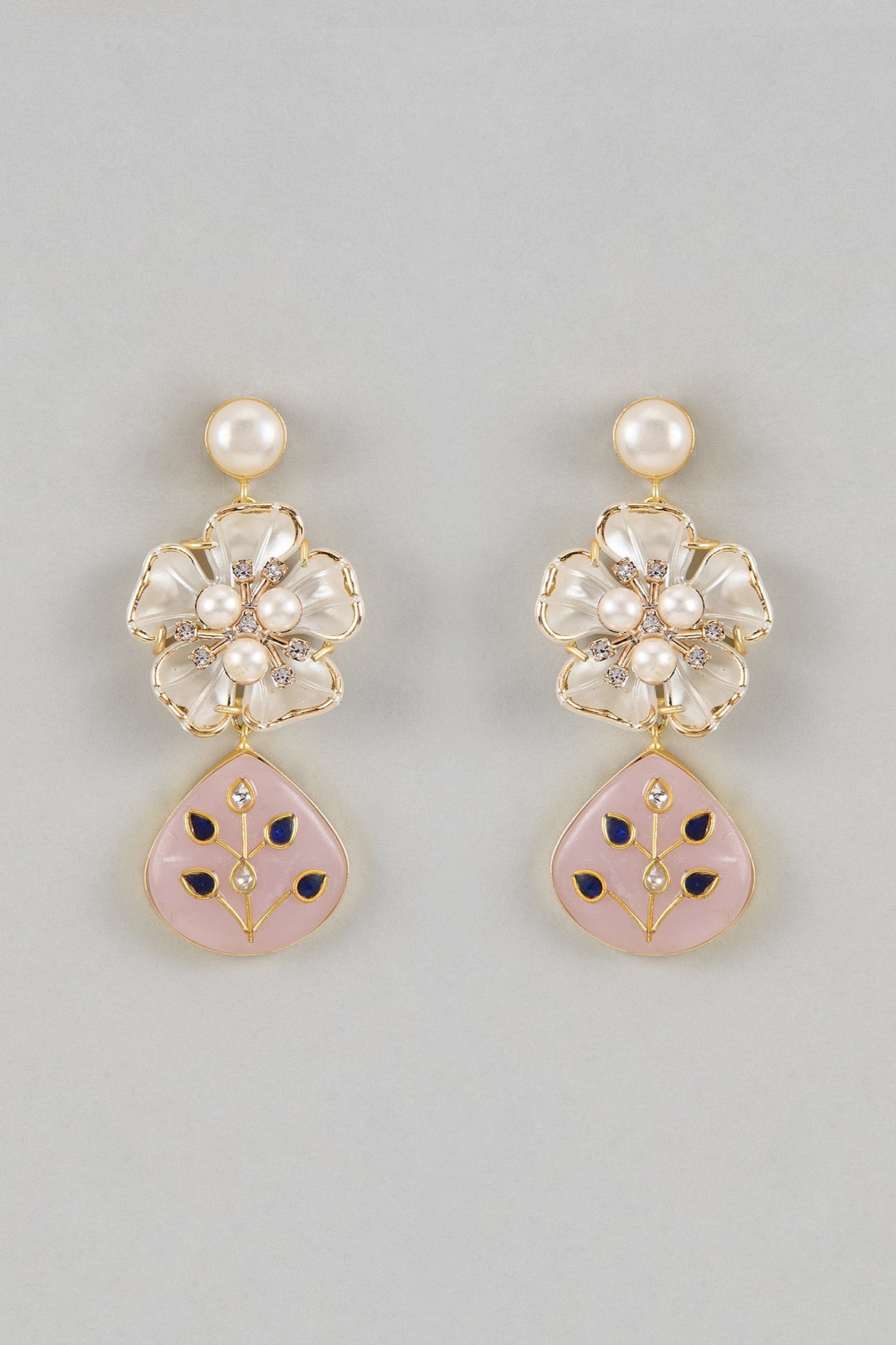 White Finish Pearl Floral Dangler Earrings