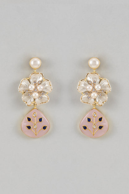 White Finish Pearl Floral Dangler Earrings