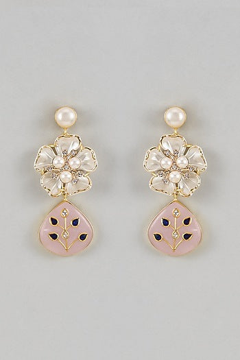 White Finish Pearl Floral Dangler Earrings