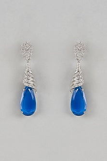 White Finish Blue Stone Teardrop Dangler Earrings