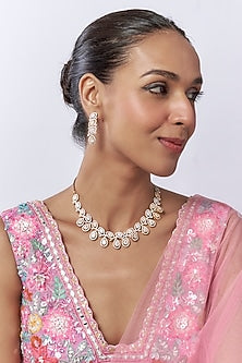 Gold Finish Diamond & Pearl Long Necklace Set