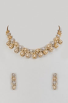 Gold Finish Diamond & Pearl Long Necklace Set