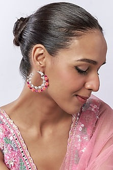 Two-Tone Finish Multi-Colored Stone Floral Dangler Earrings