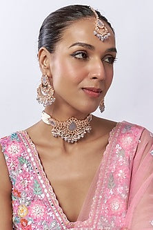 Gold Finish Pearl & Stone Choker Necklace Set