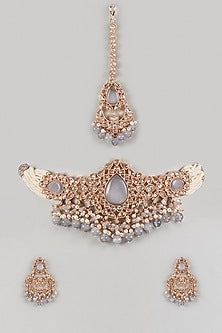 Gold Finish Pearl & Stone Choker Necklace Set