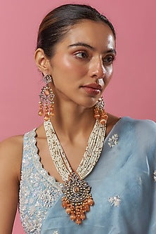 White Finish Pearl & Stone Layered Pendant Necklace Set