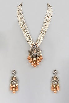 White Finish Pearl & Stone Layered Pendant Necklace Set