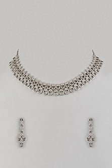 White Finish Diamond Layered Chain Necklace Set