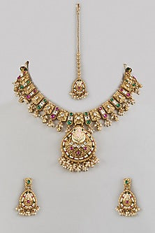 Gold Finish Diamond & Multi-Colored Stone Choker Necklace Set