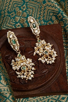 Gold Finish Pearl & Emerald Stone Dangler Earrings In Sterling Silver