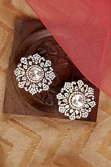 Gold Finish Moissanite Polki Stud Earrings In Sterling Silver