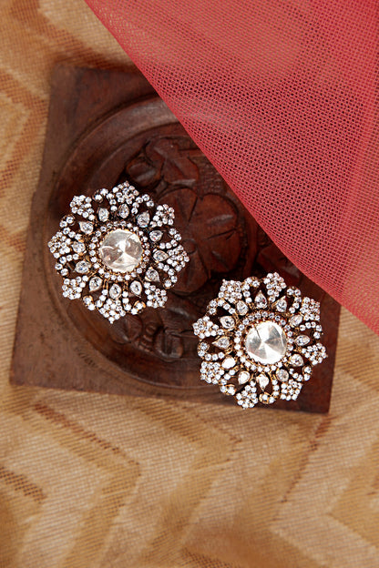 Gold Finish Moissanite Polki Stud Earrings In Sterling Silver