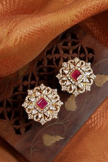 Gold Finish Ruby Stone & Kundan Polki Stud Earrings In Sterling Silver