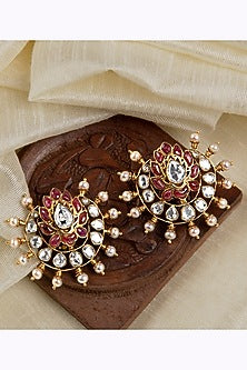 Gold Finish Kundan Polki Stud Earrings In Sterling Silver